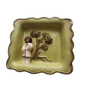Vintage Japanese Ceramic Wall Hanging 3 Dimensional Girl Tree Bonsai Green